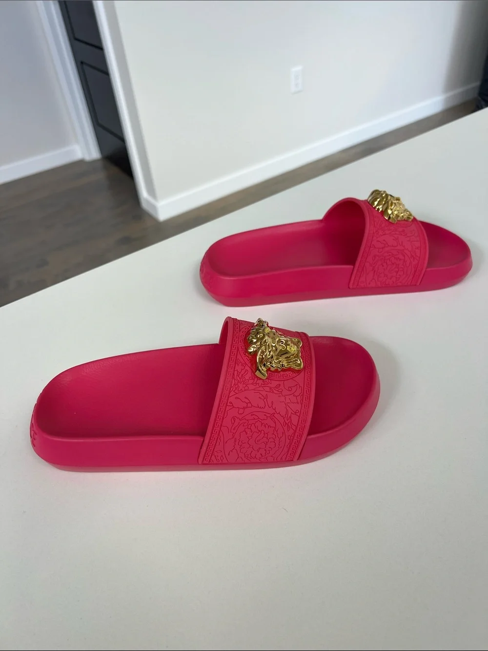 Versace pink la medusa rubber open toe slides sandals gold tone embossed baroque